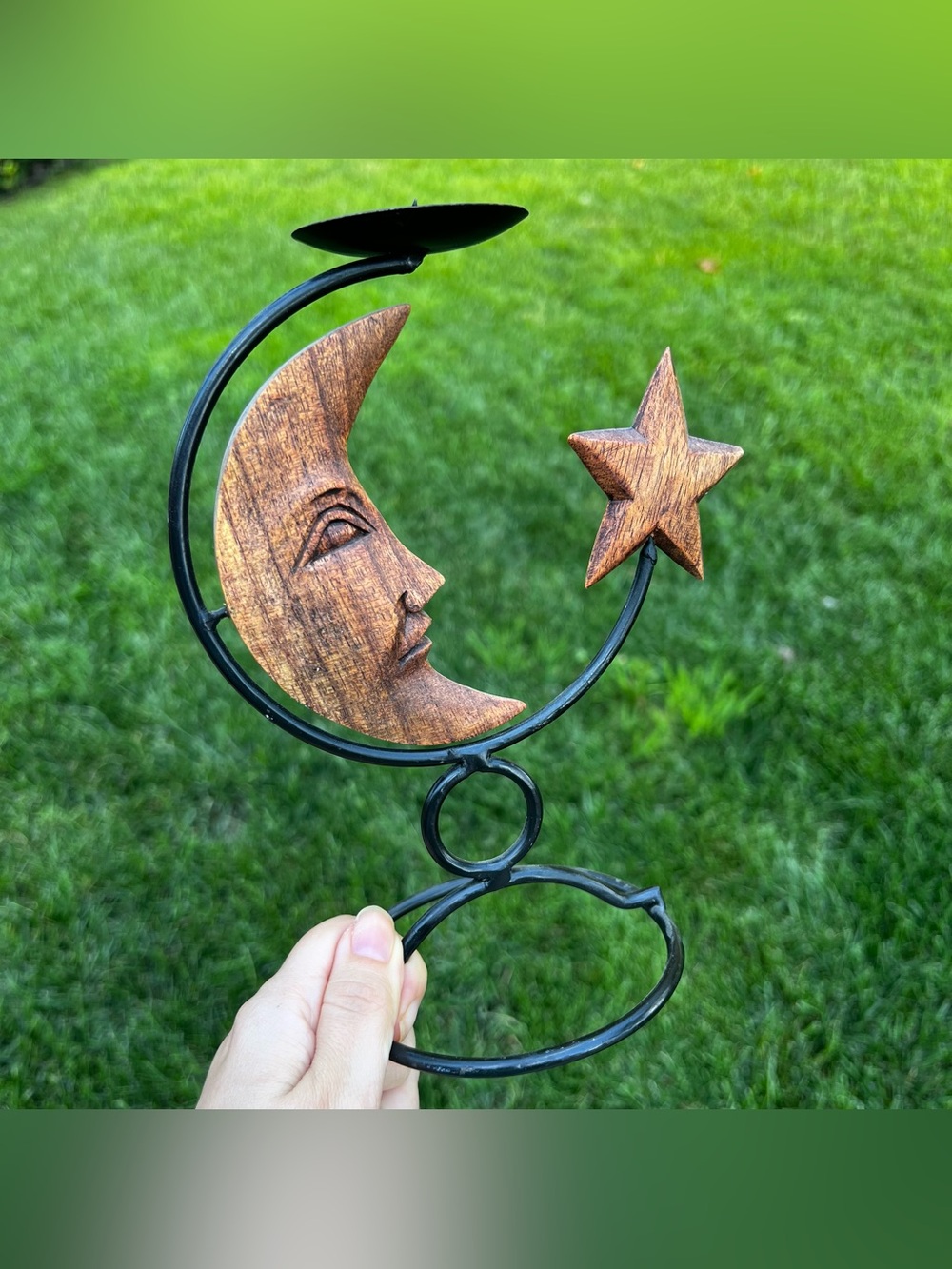 Vintage Celestial Wood Carved Sun and Moon Candle Holder Boho Folk Art 8" Tall